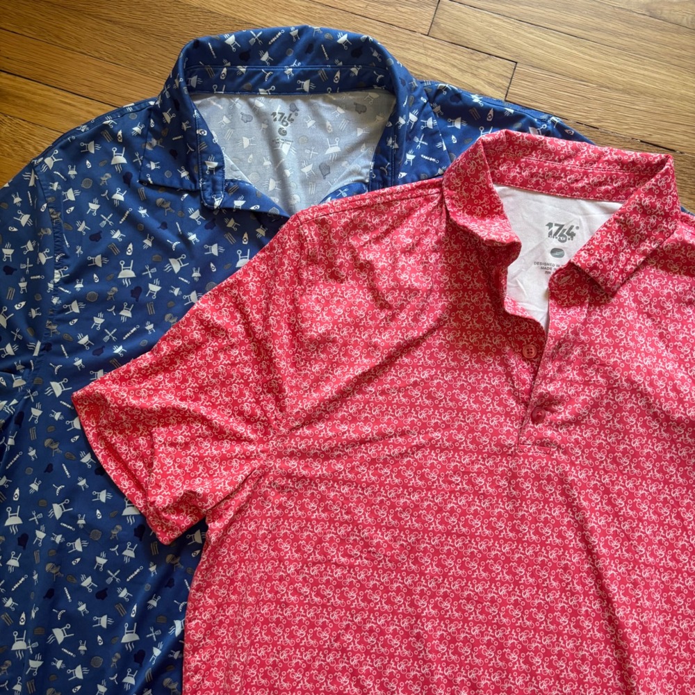 1764 Polo Shirt Bundle Men Large Performance Grilling Bike Print Golf Preppy Dad
